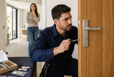 Profissional instalando uma nova fechadura em uma porta em Brusque.